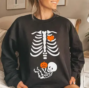 Skeleton Halloween Maternity Sweatshirt - Shirt- Hoodie, Funny Pregnancy Announcement Shirt, Pregnant Women Costume, Fall New Mom Sweater, Mommy to Be Gift, Halloween for women, Full Color, For Men, For Women, Casual, Tee Print Womenswear Tops