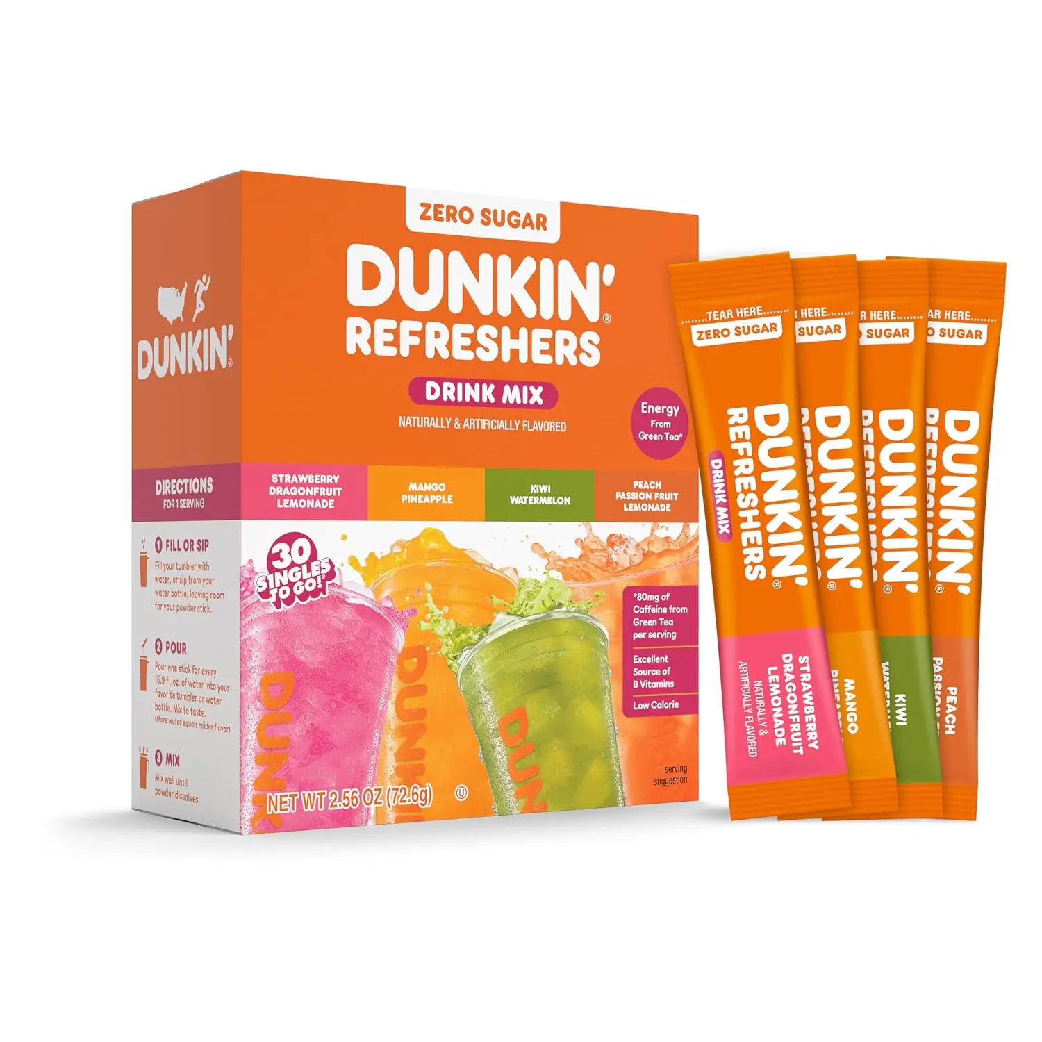 Singles To Go! Dunkin' Refreshers Green Tea Drink Mix Packets, 30 Count | Sugar Free, Loaded Tea Packets with Caffeine Energy from Green Tea, Aspartame-free, Just add water, Energy Drink Alternative