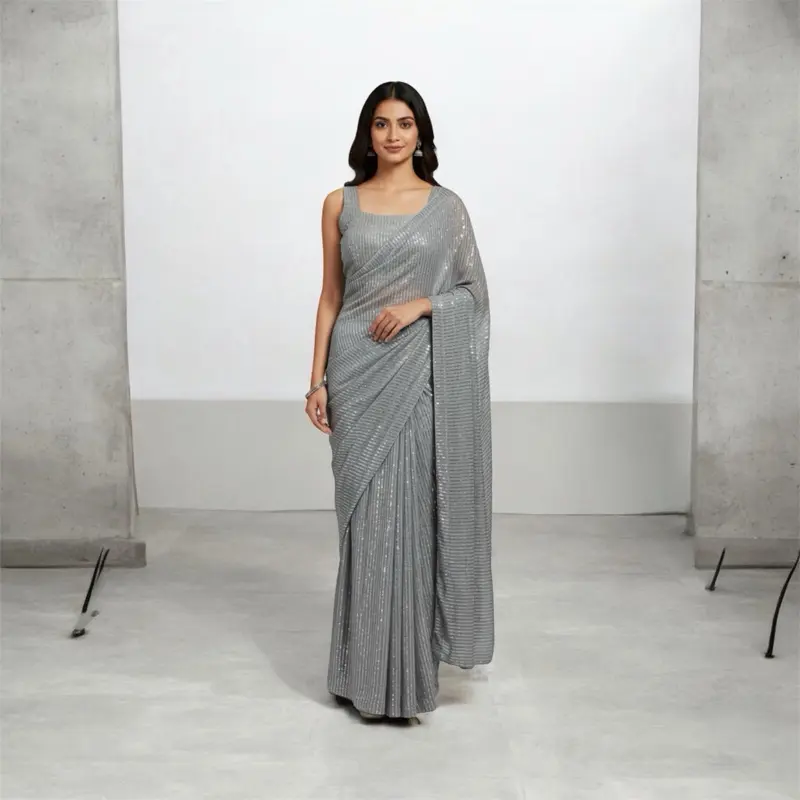 Women's Fully Sequenced Cocktail Saree with Sleeveless Blouse