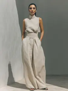 LikeMyChoice 2-Piece Elegant Linen-Blend Set Chic Mock Neck Halter Top & High-Waisted Wide-Leg Pants | Trendy Old Money Aesthetic Outfit for Summer Vacation & Office