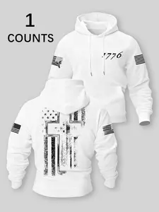 Men's Fashion American Patriotic 1776 Cross Print Hoodie, Casual Printed Sweatshirt, Long Sleeve Casual Loose-Fitting Design for Everyday and Outdoor Activities, Perfect Gift for Friends, Sweatshirts Pullover