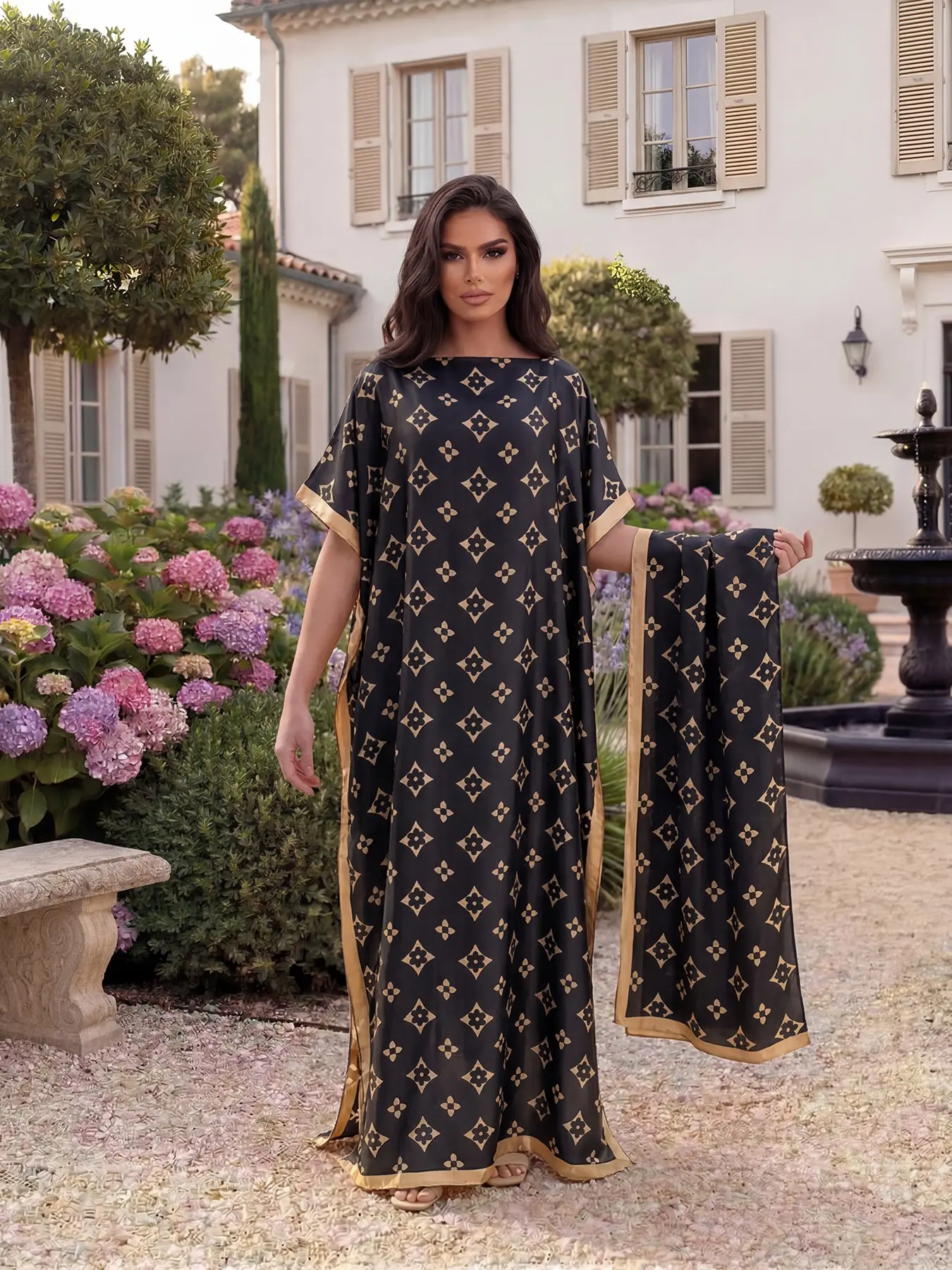 Women's Elegant All-Over Printed Long Robe Set, Beachwear Sun Protection Satin Scarf & Headband, Fashionable Summer Elegance