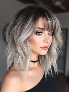 Fashionable New Short Curly Shoulder Length Wigs with Bangs and Dark Roots, Synthetic Women's Wigs for Ordinary Work, Life, Dance Parties and all occasions, Stylist Friendly Wig, Synthetic Hair Wig