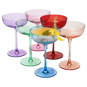 Colored Coupe Glasses - Martini , Cocktail & Champagne Glasses 7oz | Set of 6 | Cute & Colorful Pastel Colored Crystal Cocktail Glassware , Fun Classic Goblet Cocktails Glass, Stemmed Ripple Glassware