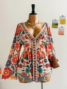 Fashion Ethnic Print Plus Size Blouse Top, Stylish Casual Wear for Women, Comfortable Daily Option