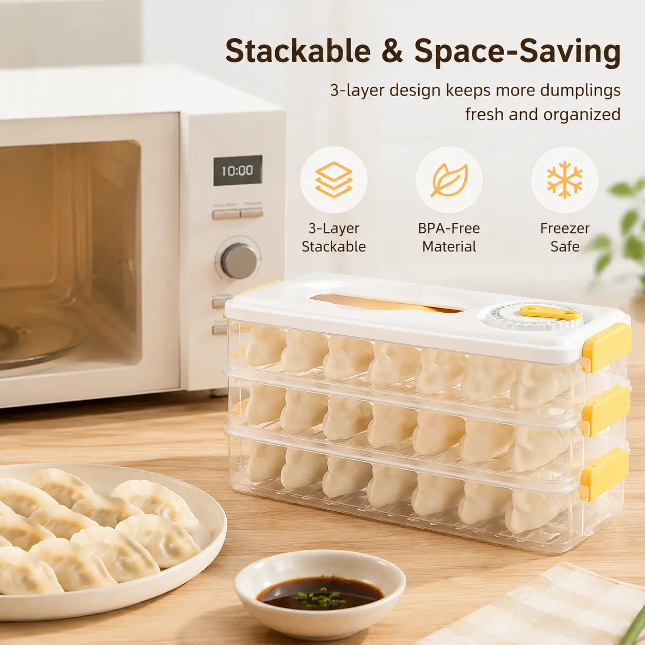 1-Count Stackable Dumpling & Pastry Storage Container Set, Sealed Lid, Non-Stick Base, Portable Handle, Rotatable Time Dial for Kitchen Fridge & Microwave Food Storage, Transparent