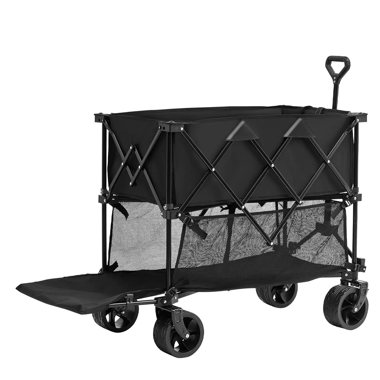 Foldable Double Decker Wagon, 400L Collapsible Wagon Cart with All-Terrain Wheels, Heavy Duty Folding Wagon Cart 350-450 lb Weight Capacity for Camping, Shopping, Garden, 52" Extra Long Extender