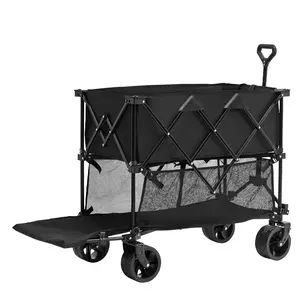 Foldable Double Decker Wagon, 400L Collapsible Wagon Cart with All-Terrain Wheels, Heavy Duty Folding Wagon Cart 350-450 lb Weight Capacity for Camping, Shopping, Garden, 52" Extra Long Extender