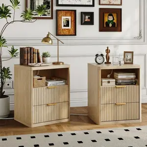 Fluted Bedside Table Set of 2, Natural Oak 2-Drawer with Charging Station, Open Storage & Rounded Corners for Bedroom, Mid Century Modern