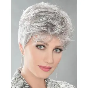 Old Lady Short Curly Grey Wig with Bangs Natural Looking Daily Halloween Cosplay Party Wig Silver White Short Layered Natural Synthetic Wig with Bangs Heat Resistant Replacement Hair Wig for Women