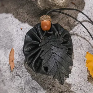 Rustic Oak Leaf Drawstring Pouch, Artisanal Renaissance Style Herb Bag, LARP Faire Accessory, No Feather