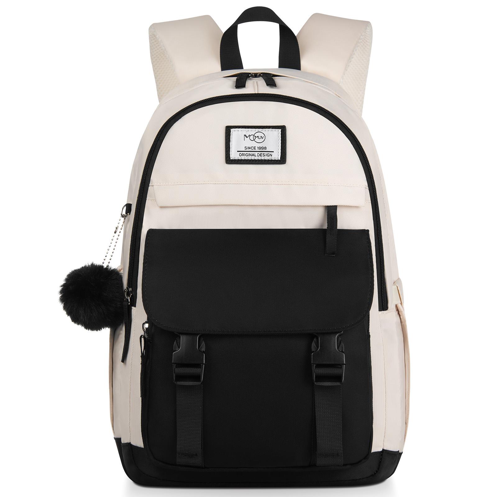 Mtopa 15.6 Inch Large Cute Color Block Backpack with Pom Pom, Water Resistant School Laptop Backpack for Teens, Girls & Students