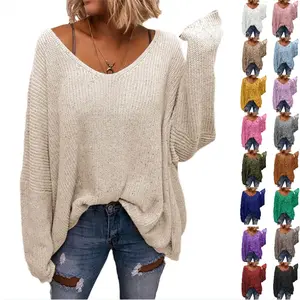 PASLTER Women's V Neck Long Sleeve Knit Loose Oversized Pullover Sweater Top