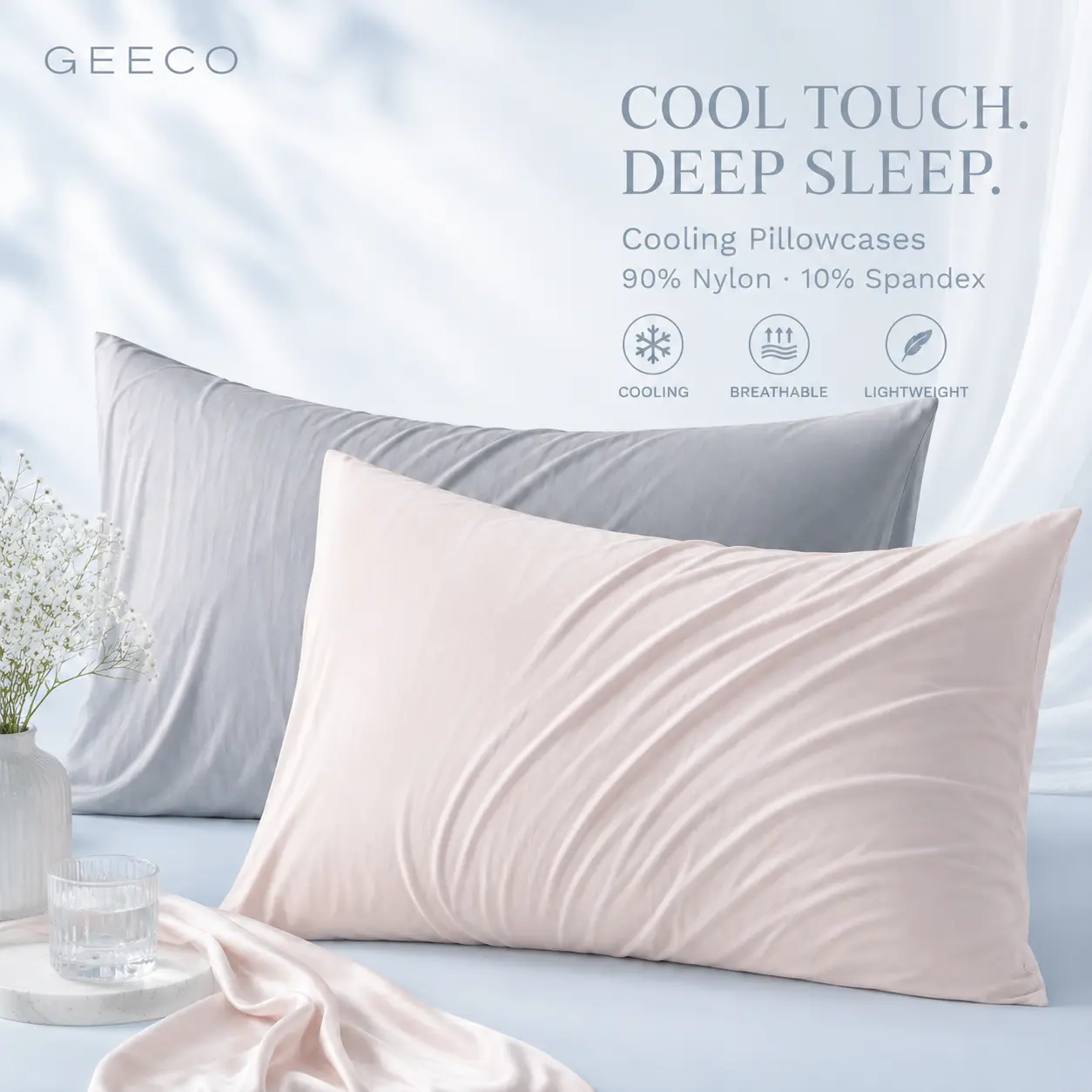 GEECO Cooling Pillowcases - 2 Pack for Hot Sleepers, Cool-to-Touch Breathable Fabric, Silky Smooth for Hair & Skin, 4-Way Stretch Snug Fit, Queen and King Sizes