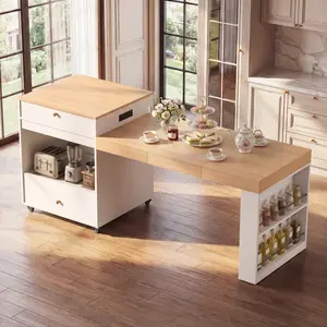 78.8inch Rolling Kitchen Island With 3-Stage Extendable Dining Table Seats 6-8 Built-in Power Outlet Ample Storage Drawers & Cabinets Mobile On Wheels High-Density MDF Easy Assembly B2764S00001