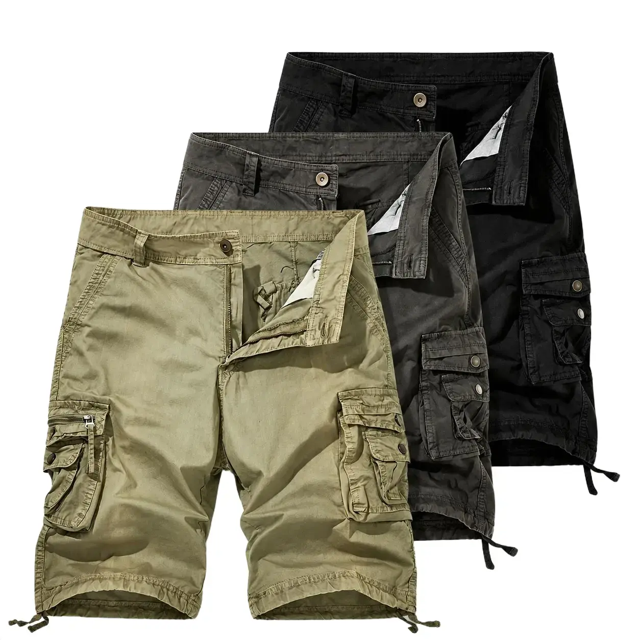 Men's Large-Size Cotton Cargo Shorts - Mid Waist, Mid Thigh Length, Retro Chic, Baggy Loose-Fit, Cotton Boxy, Multi-Pocket, Zipper Hem, Breathable, Casual Sporty Menswear Bottoms, Halloween, Christmas, Casual Shorts Pants, Cute