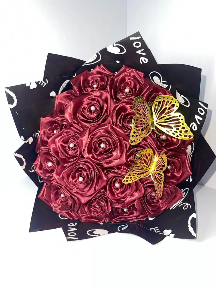 Handmade Satin Eternal Flower Bouquet - 18 Burgundy Metallic Roses with Gold Butterflies, Pearl-Accented Home Decor Gift for Home Supplies, Korean Wrap