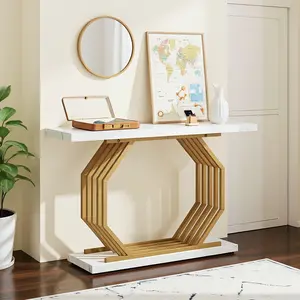 Spaco Gold Console Table, Faux Marble Entryway Table Narrow Sofa Table with Geometric Metal Base, 40 Inch Modern Accent Table Entrance Table for Living Room, Hallway, Foyer