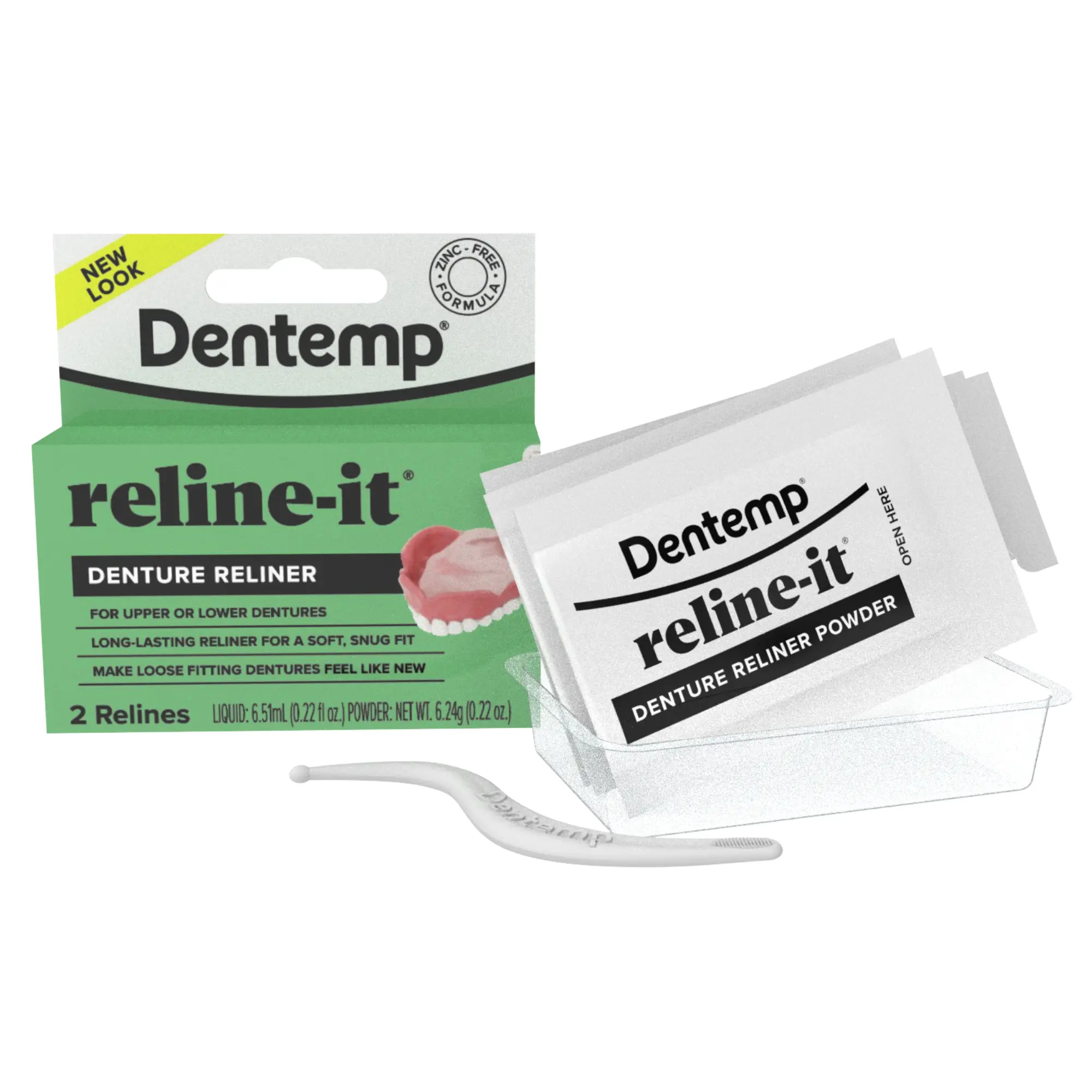 Dentemp Reline-It Denture Reliner Kit for Acrylic Dentures Only | Soft, Snug Fit for Upper & Lower | Zinc-Free, 2 Relines | Liquid & Powder Formula