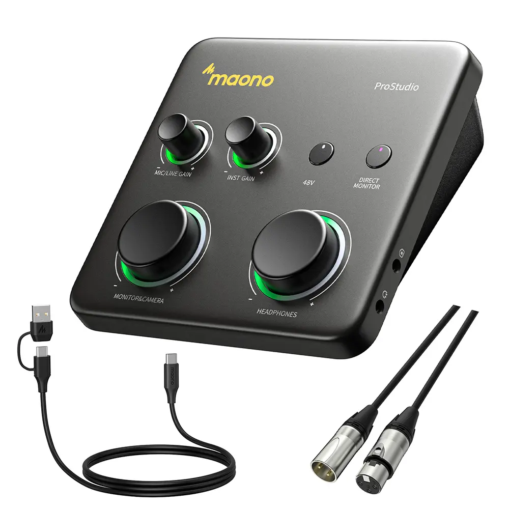 MAONO P1 Hybrid USB-XLR Audio Interface with Cable & Adapter - 70dB Gain, Auto-Gain, Loopback, Mute, Noise Reduction - for PC, Phone, iPad, Guitar - Streaming, Recording for Content Creators