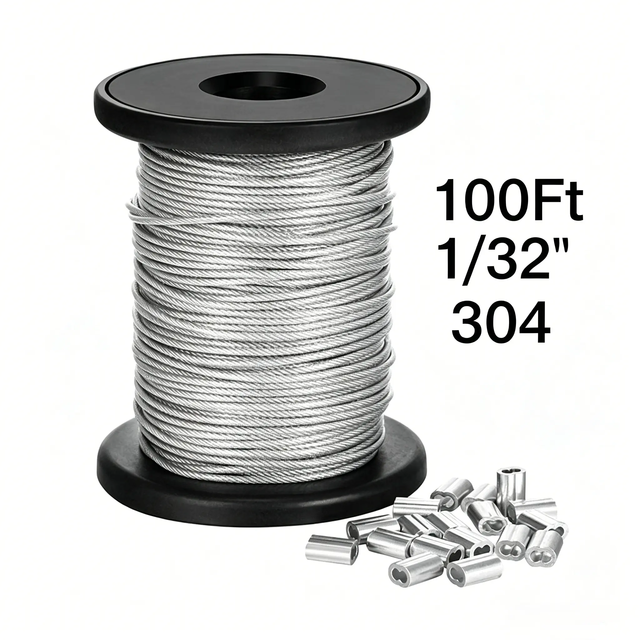 304 Stainless Steel Wire Rope, 100FT 1/32IN Cable with 20Pcs Aluminum Sleeves Stops, String Lights Hanging Trellis Wire, Clothesline Installation Tool