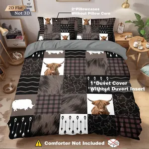 3-Piece Highland Cow Abstract Geometric Bedding Set, Includes 1 Fitted Sheet & 2 Pillowcases, Soft Comfortable, Decorative Bedsheet Sets, Ideal for Bedroom Hotel School Dorm