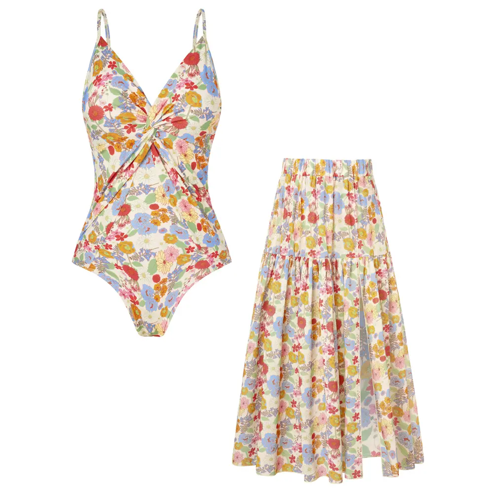 【Grace Karin】 Grace Karin Two-Piece Swimsuit Set, Casual & Vacation Style, Summer Beach & Pool Wear, S-2XL Inclusive Size, Plus Friendly 2XL, Floral Print V-Neck Tummy Control Bathing Suit with Cover Up Skirt