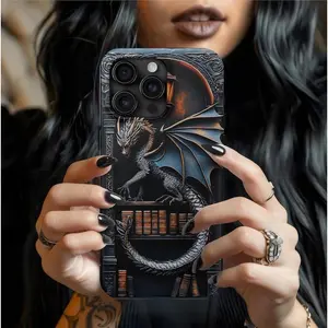Black Bookish Dragon Phone Case, Fantasy Bookshelf Design Compatible with iPhone 12, 13, 14, 15, 16, 17 & Samsung Galaxy S21, S22, S23 & S24 S25 series