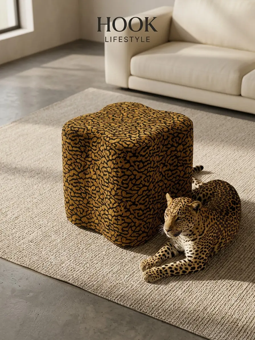 4-Leaf Clover Animal Print Upholstered Velvet Furniture Ottoman - No Assembly Wave-Shape Footstool, Solid Wooden Frame, 250LBS Capacity Multifunctional Stool for Living Room, Bedroom