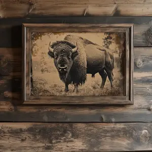Vintage American Bison Tintype Paper Photo Print, Multi-Size 1-Piece Artistic Antique Western Wall Art, Rustic Charm Buffalo Decor for Home Wall Display
