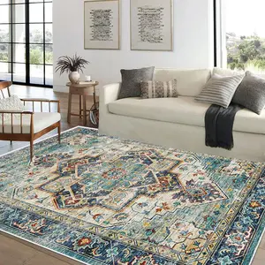 Vintage Bohemian Style Rug, Non-slip Washable Soft Floor Mat, Decorative Carpet for Home Living Room Bedroom Kitchen Study Room