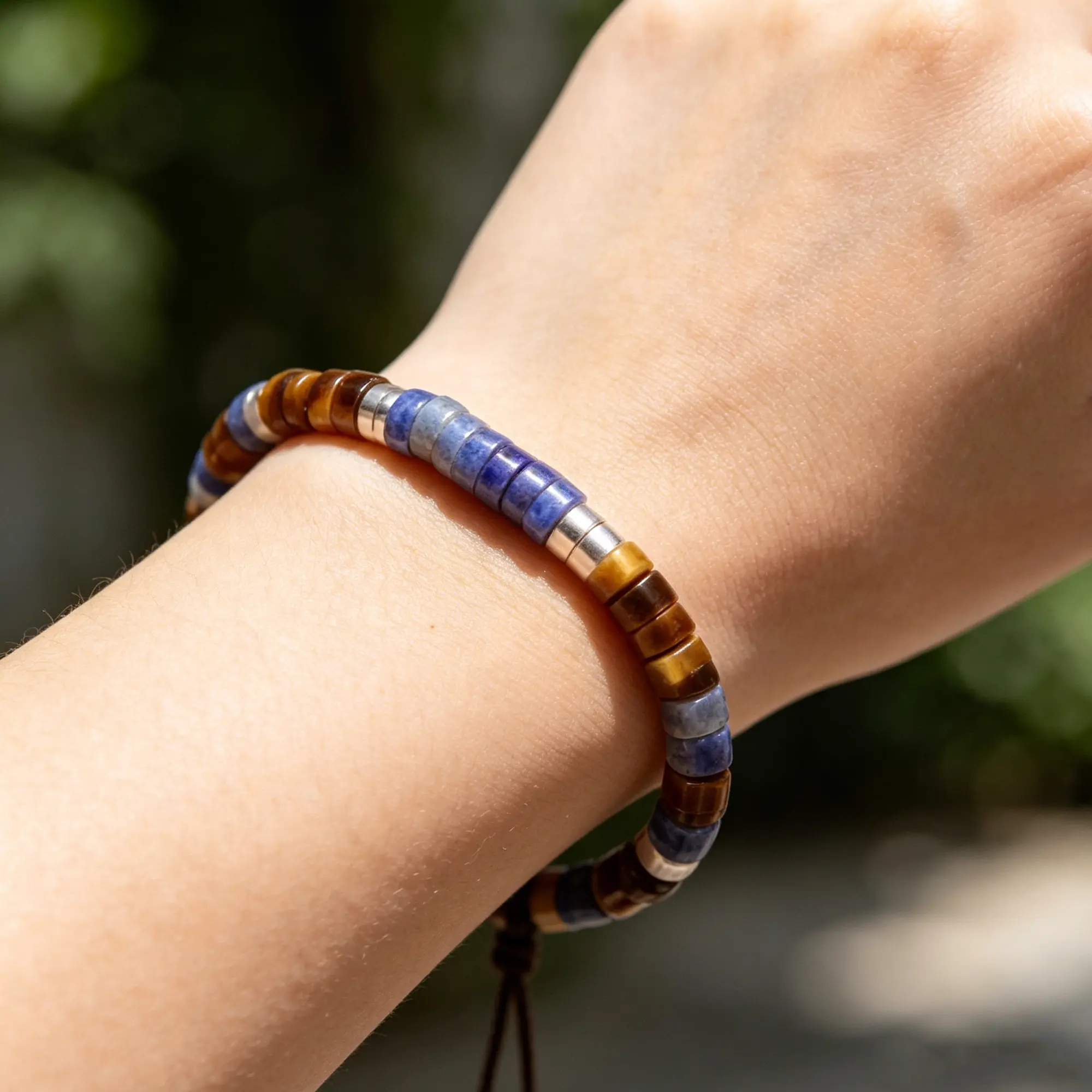 Unisex Minimalist Natural Crystal Beads Bracelet - 2*4mm Lapis Lazuli & Tiger Eye, Bohemian Vegan Leather, Healing Reiki, Daily Wear Jewelry Accessory, Adjustable