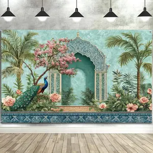 Traditional Pichwai Photo Backdrop Photography Background, Indian Vinayaka Chavithi Janmashtami Peacock Backdrops Photo Booth Prop Decorations Banner Balloons Wall Decor Tablecloth