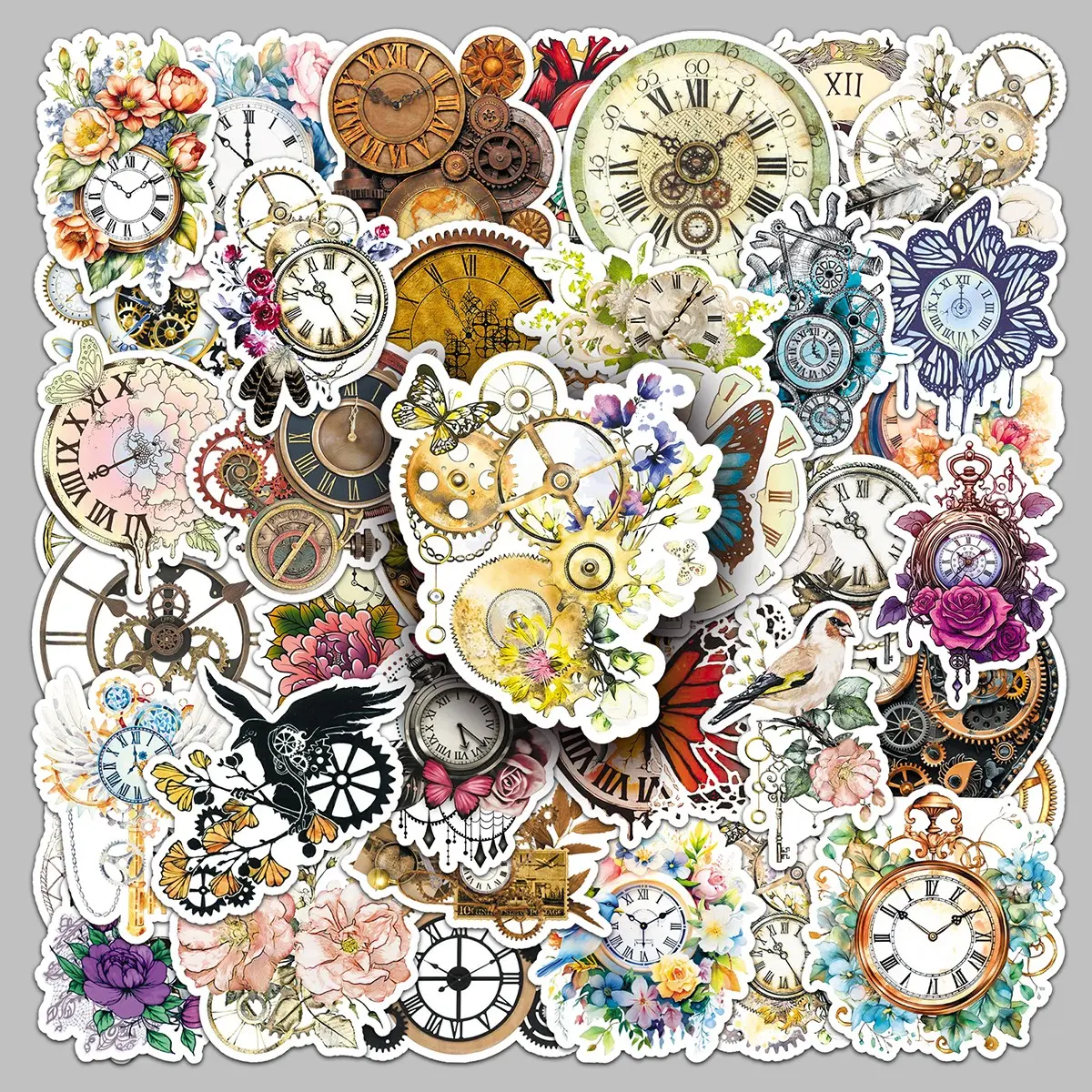 50pieces retro mechanical clock stickers cartoon European style retro clock creative trend decorative tablet desktop stickers Aesthetic Stickers