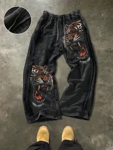 Men's Athleisure Casual Loose Cotton Pants, Graphic Tiger Print, Street Style, Streetwear, Drawstring Waist, Ankle Length, All Seasons, Ideal for Outdoor & Gifts