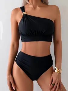 Women's High Waist One Shoulder Bikini with Tummy Control, Stylish Two-Piece Swimsuit for Outdoor Fun, Perfect Gift Idea, One Shoulder Swimsuits, High Rise Swimwear, High Stretch Bikini, Swimsuit Set