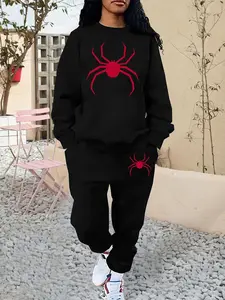 Women's Animal Spider Print Drop Shoulder Long Sleeve Sweatshirt & Pocket Sweatpants Two-piece Set, Casual Fashion Cozy Breathable Two Piece Outfits for Daily Outdoor Wear, Ladies Clothes for Fall & Winter, Womenswear