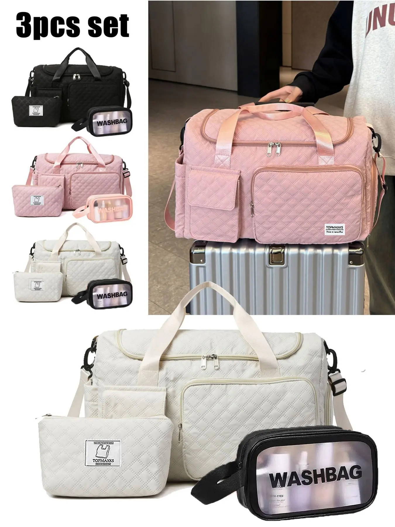 Three-piece travel bag set, Travel bag kit, niche design, multi-functional handbag, small bag and toiletry bag combination, large capacity, versatile, multi-color optional, suitable for short trips, outdoor camping, Travel Essentials Carryall