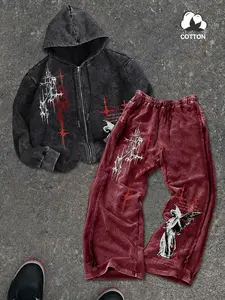 Men's Spring Hooded Matching Set, Gothic Punk Two-Piece, Faded Cotton Zipper Fitted Hoodie + Sweatpants, Geometric Graffiti Graphic Print, Street Style