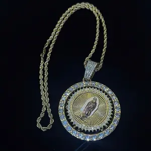 Gold Plated Our Lady of Guadalupe Roulette Pendant Elegant Necklace, 24in Rope & Link Chain with Rhinestone Accents, Fashion Jewelry Accessories