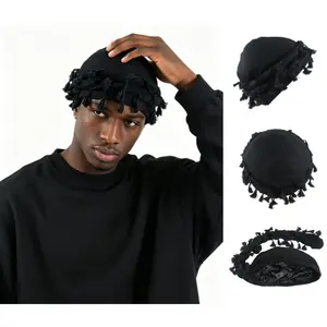 Hip-hop Frayed Headscarf Hat for Men Twisted Tail Satin-Lined Double-Layer Braid Hair Protection Accessory