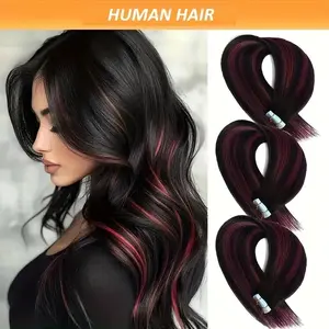 NEW Arrivals Hot Sell 16-28 Inch Black to Red Tape-In Hair Extensions - Natural Straight Human Hair for Women, # 1B/99J, Easy Application, No Damage, Perfect for Everyday Styling, Hair Extensions for Women, Versatile Hairpiece, Sleek Hairpiece, Secure Fit