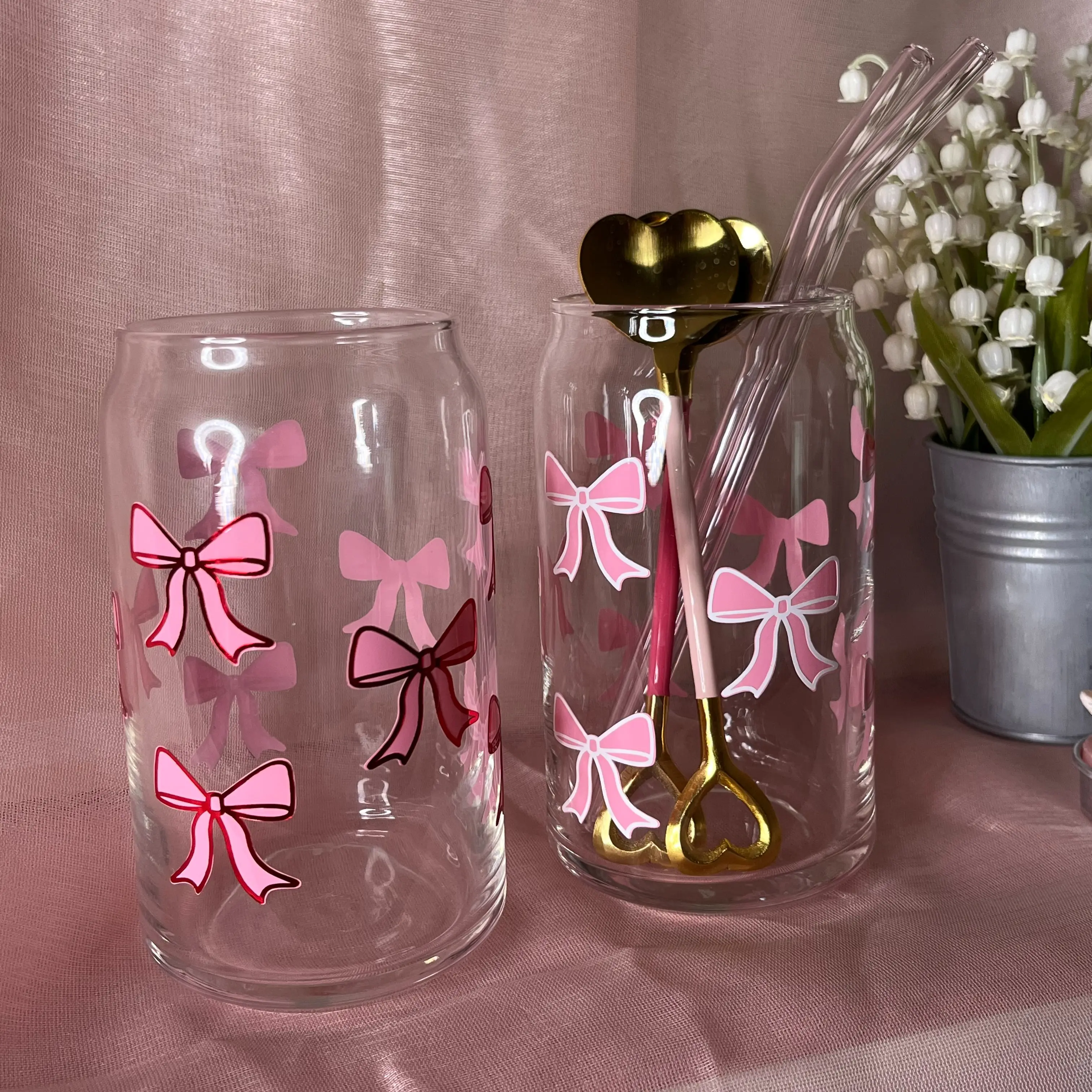 Coquette Bow Glass Cup 16oz Drinking Glass Tumbler Drinkware Aesthetic glass cup straw drinkware Vintage Bows