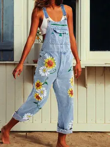 Women's denim jumpsuits in spring, summer and autumn, comfortable and loose Floral flower design with multiple pockets, trendy street casual style, suitable for women's daily travel, Overalls