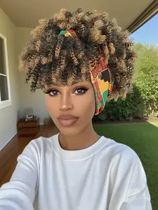 KAIRIYA 2-in-1 Afro Curly Wig for Black Women - Puffed Ombre Brown Ponytail & Headband Scarf, Perfect for Holiday Parties & Festivals