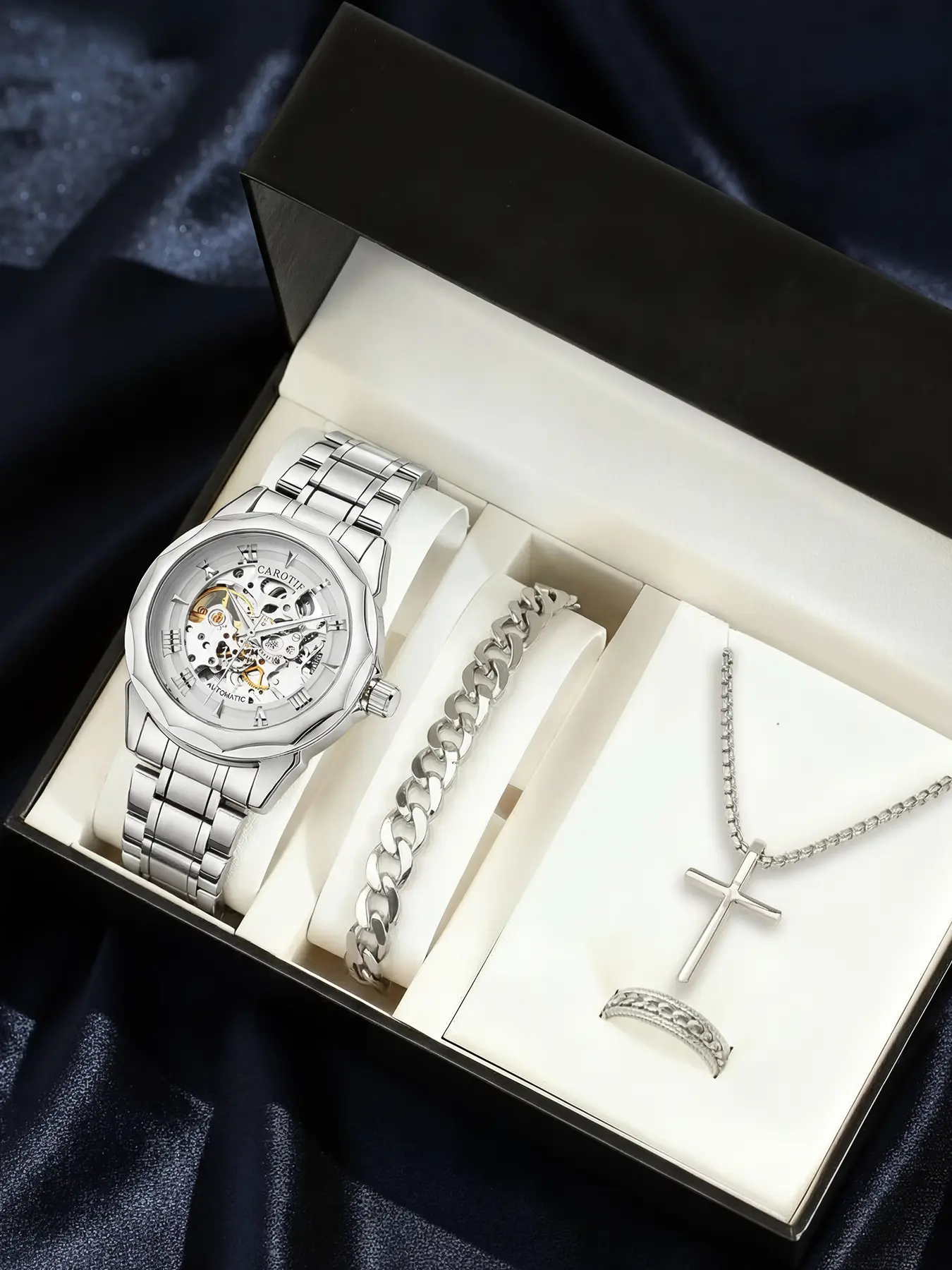 4-piece men's exclusive watch with accessory gift box combination, stainless steel material Durable hollow high-end Polished Look design style, versatile college style, people's festival gift, fully automatic Mechanical Movement watch