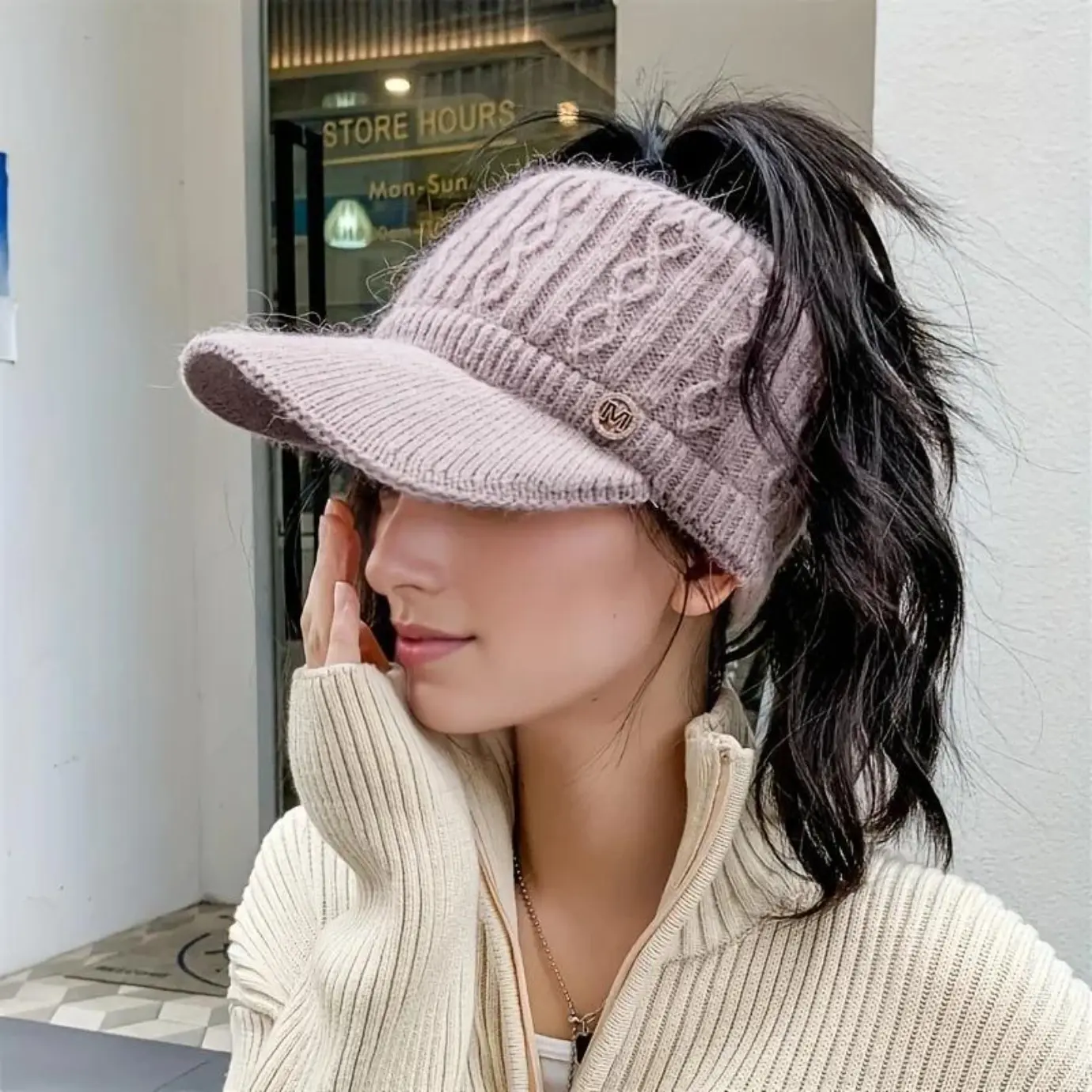 2025 Autumn Winter Unisex Warm Knitted Ponytail Visor Hat - Thick Warm Earcup, Adjustable Shoulder Straps, Sun-Proof, Knitted Texture Depth, Warmth Boost, Casual Trendy, Structured, Daily Wear