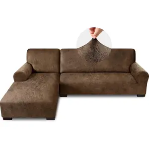 Sectional Couch Covers, Look Sofa Cover L Shape 2PCS Soft Stretch Slipcover for Sectional Sofa, Non Slip Furniture Protector (3 Seat Sofa + 3 Seat Chaise, Brown)