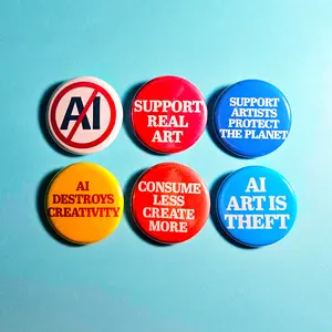 Anti AI Art Buttons (Pack of 6) Handmade Pin back button badges(1.25"/32mm buttons) Anti-AI Slogan, Protect the Planet, Support Artists