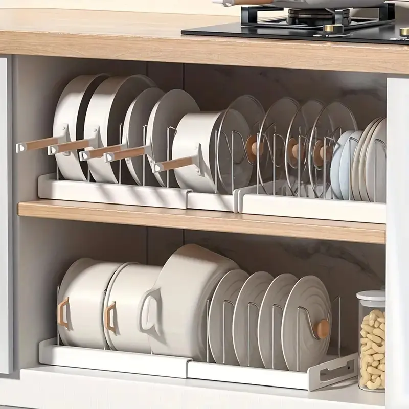 1pc Stainless Steel Adjustable U-Shaped Kitchen Cabinet-Insert Organizer Shelf - 12"-22" Wide Heavy Duty ABS, Expandable Pot Lid Holder, Utensil Rack, Dish Drainboard, Pull-Out Drawer, No-Installation Cookware Storage Home Supply